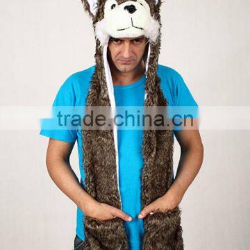 PLUSH ANIMAL HOODED SCARF FAUX FUR WOLF HEAD HAT