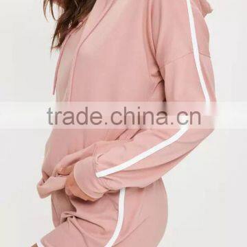 Hot Sale Pink Stripe Hoodies Drop Shoulder Custom Color 100% Cotton And Piping Running Short Pyjamas Set photo-2