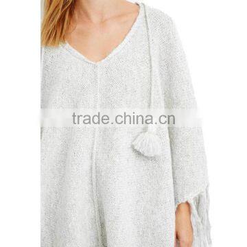Tasseled Plain Pullover Mohair Blend Knitted Winter Sweater Ladies Poncho photo-4