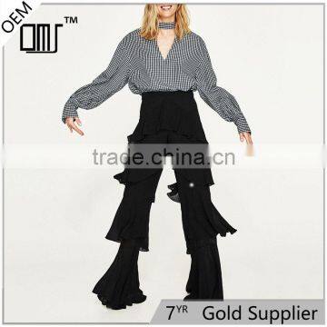 2017 spring womens elegant fancy side zip off frilled long dress pants