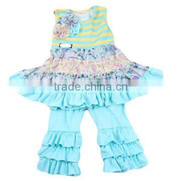 Lovely ruffle spring baby girls outfits bright blue puffy top with pants set