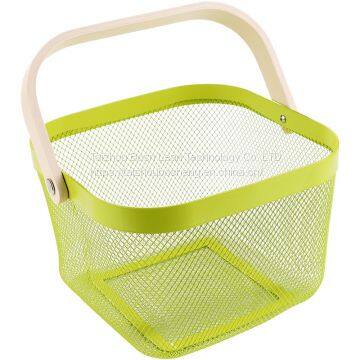 New Kitchen Toy Bath Fruit Flower Metal Wire Mesh Storage Cube Baskets With Wood Handle photo-2