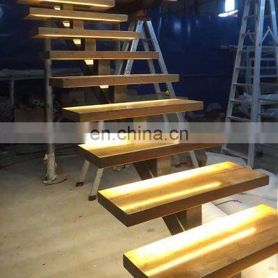 USA straight stair interior staircase with wood tread and glass railing led lighting wood stairs