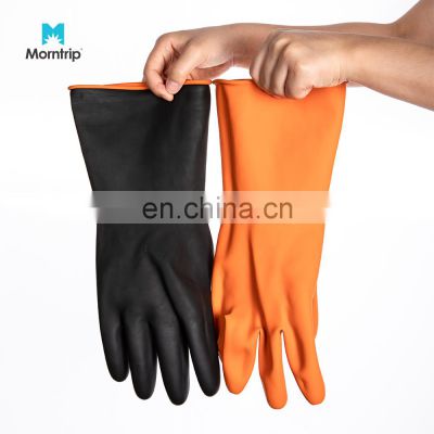 Cheap OEM Brand Industrial Chemical Heavy Duty Black Long Sleeve Safety Work Rubber Gloves With Orange Flock Lined