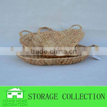 S/4 Oval Water Hyacinth Woven Shallow Wicker Tray With Handles