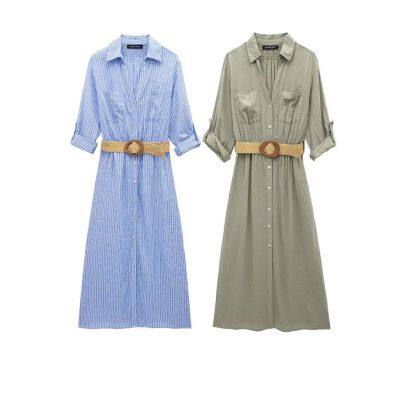 New women's dress with European and American style belt and shirt style dress