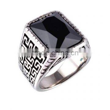 Men's Stainless Steel the Great Wall Pattern Rings Black Gemstone Inlay