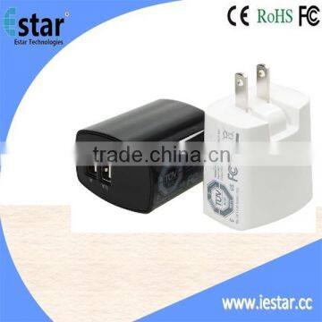 Black 2.4 Amp (12 Watt) Dual USB Wall Charger w/flip down Plug Designed for Apple and Android Devices