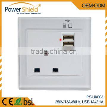 Glass Panel UK Type wall mounted power dual USB outlet socket with control door 230V 13A