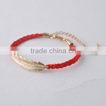 Red Cord Feather Bracelet Gold Feather Charm Bracelet for Women Feather Jewelry