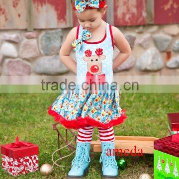 Xmas Reindeer Blue Pettiskirt Party Dress Headband Leg Warmers 3pcs 1-4Y