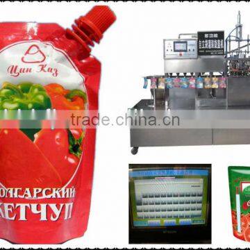 Tomato sauce standing pouch with corner spout filling and packaging machine