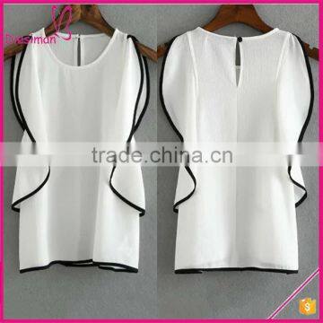 New Design Spliced Round Neck Deisgner Crepe Ruffled Sexy Sleeveless Blouse