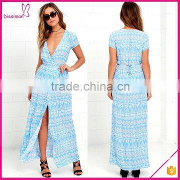 New design ivory and navy blue print woven rayon wrap long maxi dress women 2016