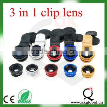 3-in-1 Universal Cellphone Lens Clip + 0.67X Wide + Macro Lens + 180 Degrees Fish Eye Lens