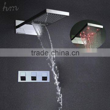 Rectangular rainfall + waterfall shower head set big LED light bathroom accessories set 304 ssl brass cold and hot water mixer