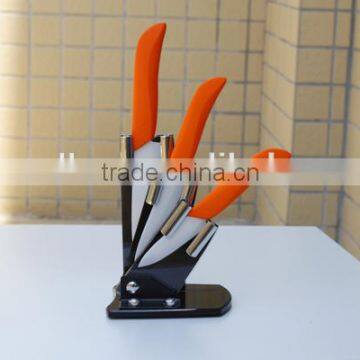 Elegant design handle in orange color ceramic knife fruit knife+paring knife+utility knife set in acrylic stand