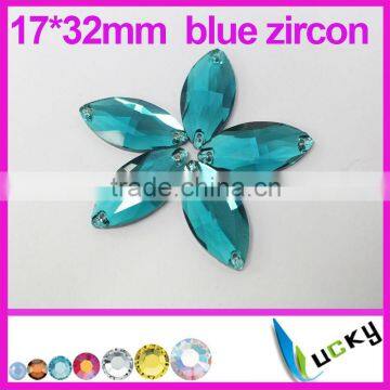 2014 New!Highest quality sew on rhinestones 17*32mm number 3066# Horse eye shape blue zircon Strass crystal beads for Sewing