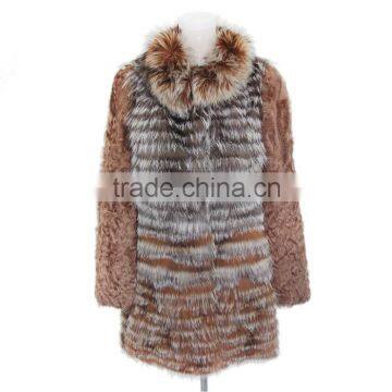 Women long fur coat with lamb fur/silver fox fur stripes/raccoon fur collar coat,KZ14117