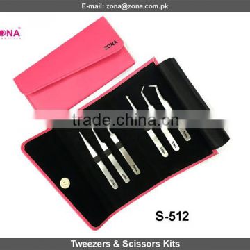 Get Six pieces eyelash extension training tweezers and scissors kit under customized branding from Zona Pakistan