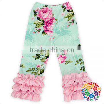 Lovely Blue Floral Baby Pants With Pink Ruffles Infant Toddlers Ruffle Legging Pants Girls Icing Ruffle Pants