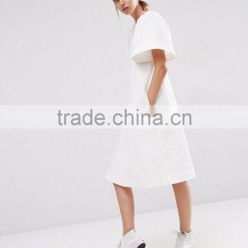 Women's WHITE Textured A-Line Dress With Frill Sleeve photo-4