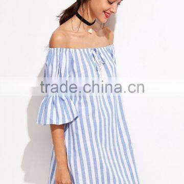 Stripe Design Women Sundress off Shoulder Latest Design Western Dress photo-4