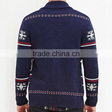 Navy Shawl Collar Long Sleeve Snow and Deer Patterns Cardigan Ugly Christmas Sweater photo-2