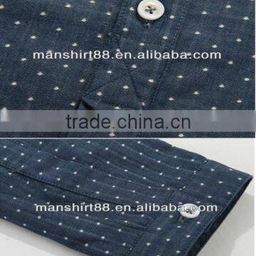 Latest Blue 100% Cotton Cowboy/jeanet Long Sleeve Casual Shirts for Men With Dots and Spread Collar photo-5