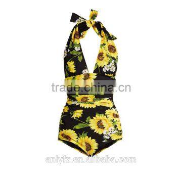 Sexy Women's Deep V-neck Ruched Sides Sunflower-print Self-tie Halterneck Swimsuit photo-4