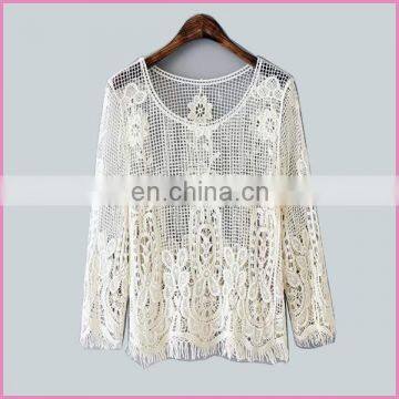 2015 new casual hollow out blouse with long sleeves fringed pullover