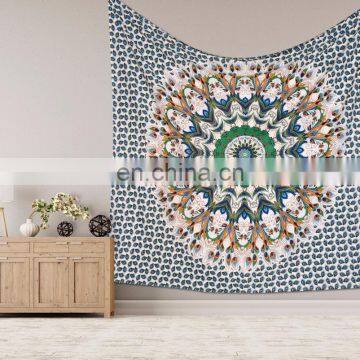 Indian Beautiful Wall Hanging Hippie Peacock Feather Mandala Tapestry Bohemian Bedspread Dorm Decor 95"X85" Inch