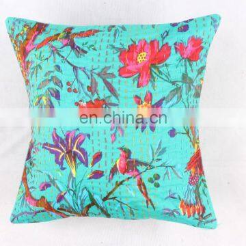 Indian Green floral Kantha Cushion Cover Kantha Throw Pillow Cover Hand Stitched Kantha Cushion Cover Cotton Handmade