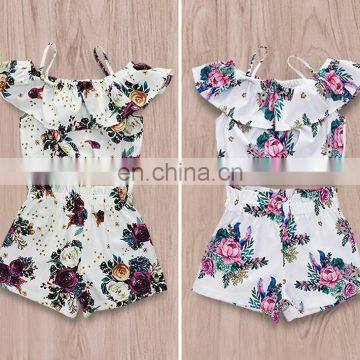 2019 Summer Kids Outfit Cotton Girls off Shoulder Tops Floral Print Tshirt & Girls Flower Shorts 2pc Set photo-3