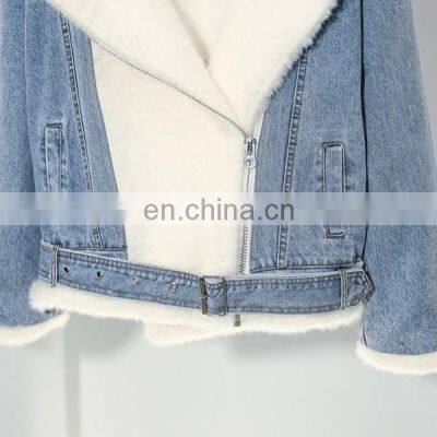 New Style Factory Sherpa Women Fashion Winter Jacket Berber Fleece Fancy Denim Ladies Motorcycle Jacket photo-5
