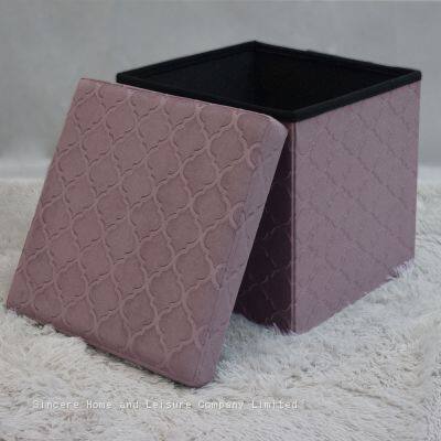 Foldable Storage Pressed Velvet Ottoman-Pink