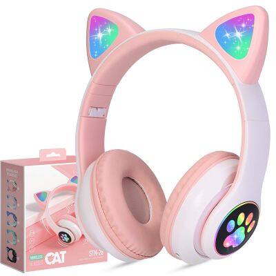 Folding LED Light Up Bluetooths Foldable Headphones Over Ear Cordless Headsets for Girl Kids Dynamic Wireless Cat Ear Headset