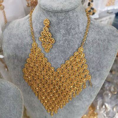 Exquisite Ghana Style Gold Plated Jewelry Set for Women, African Wedding Necklace Earrings Set, Wholesale From 12 Sets.