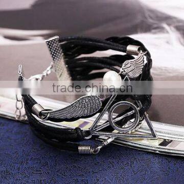 New Fashion Owl Deathly Hallows Angel Wing Leather Bracelet DIY photo-4