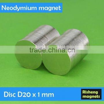 Strong N35-N52 Neodymium D20x1mm discs NdFeB magnets thin neodymium bar magnets