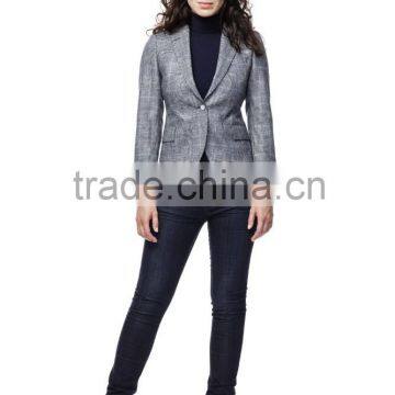 2014 Top Quality 100% wool Classic grey plaid one button ladies office uniform
