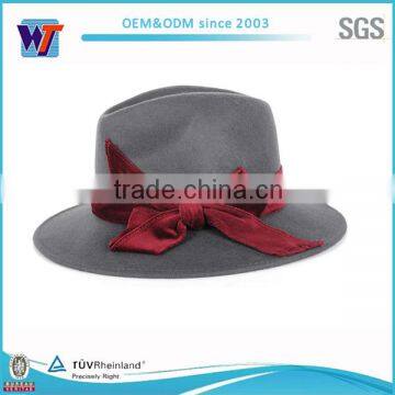 Red satin ribbon band wool felt wide brim fedora hat