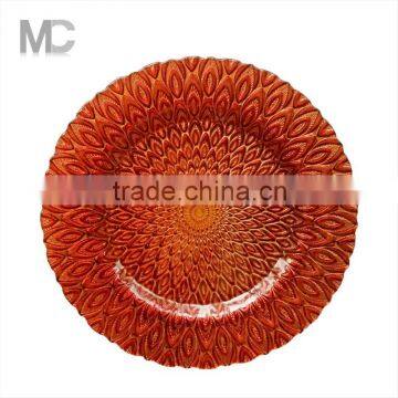 Wholesale Wedding Red Color Peacock Design Glass Charger Plate Underplate
