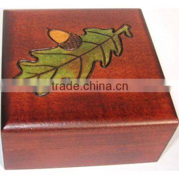 Square Wooden Box with Acorn on an oak Leaf