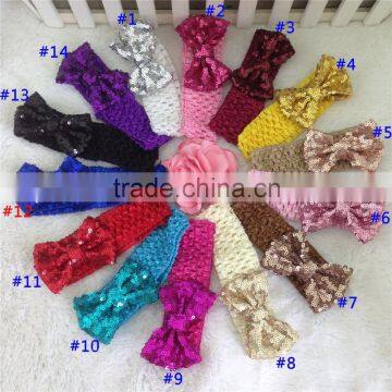 3inch Sequin Hair Bow with 1.5inch Crochet Headband Interchangeable Crochet Baby Headband Girls Sequin Bow Headwrap in Stock