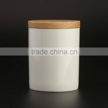 12oz 340ml Plain White Ceramic Coffee Tea Canister With Wood Lid and Silicone Ring Airtight