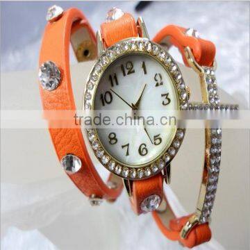 2014 New Arrival Fashion Leather Wrap Bracelet Watch With Crystal Rhinestone Cross photo-2