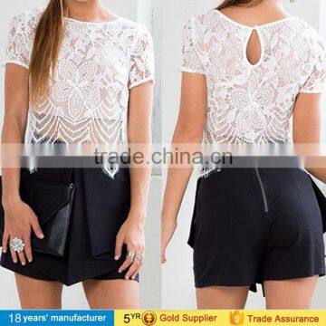 2017 Casual loose short sleeve hollow out embroidery white lace slim crop tops for summer women clothing