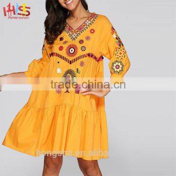 Embroidered Smock Dress 3/4 Sleeves Knee-Length V-Collar Ladies Embroidered Tunic Dress HSd7532