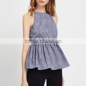 Wholesale Women Apparel Ruffle Spaghetti Strap Keyhole Back Linen Tank Top photo-3